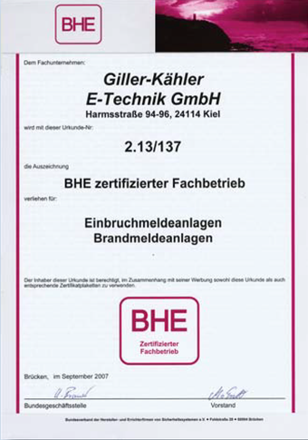 Zertifikate Einbruchmeldeanlagen & Brandmeldeanlagen Kiel